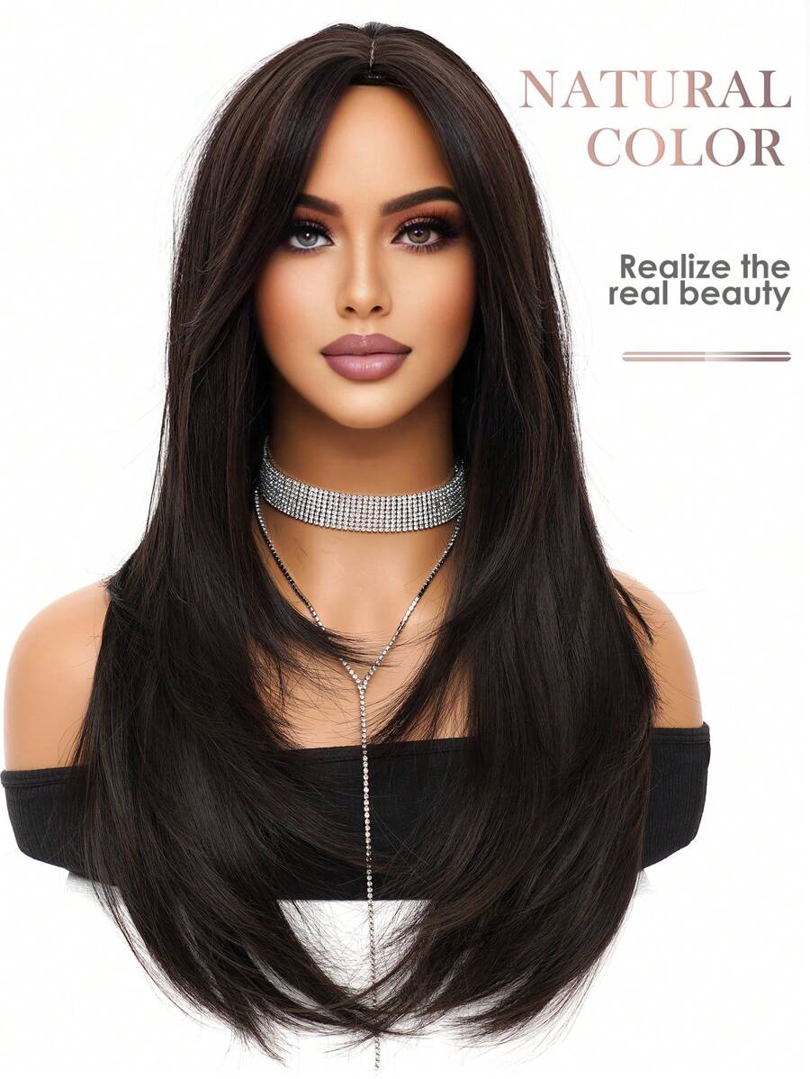 SHEIN باروكة شعر طويل بني غامق 26 بوصة مقاومة للحرارة مع غرة
