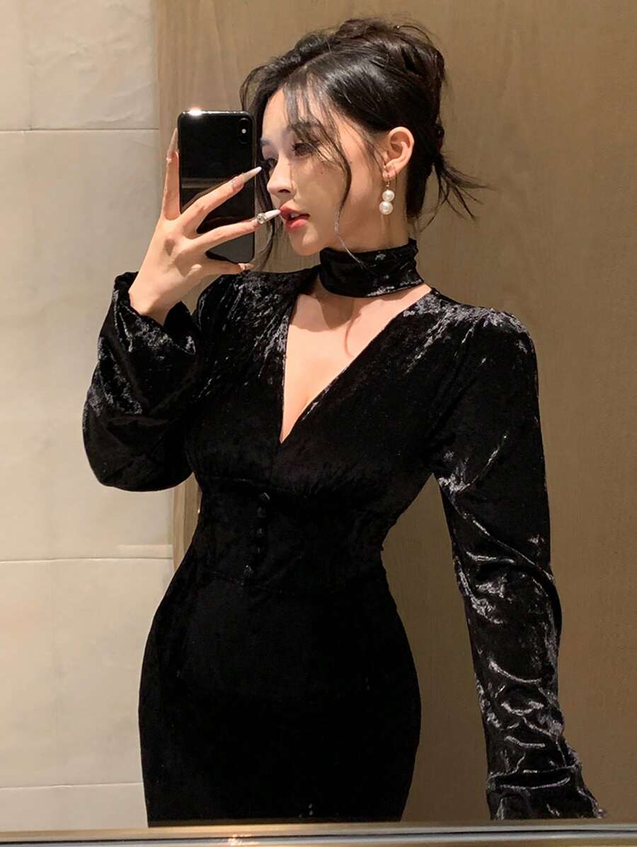 SHEIN DAZY فستان سهرة اسود طويل وخصر مزين وكشكشة