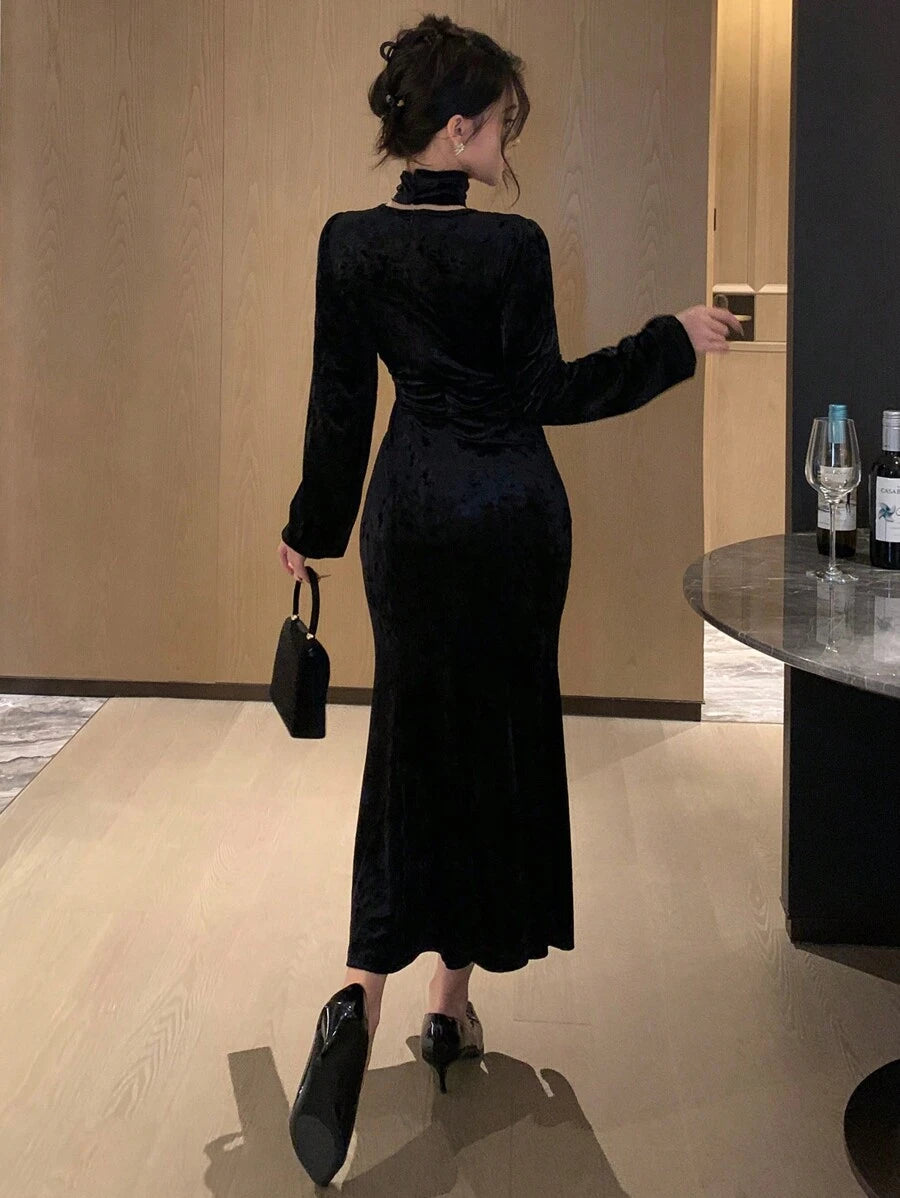 SHEIN DAZY فستان سهرة اسود طويل وخصر مزين وكشكشة