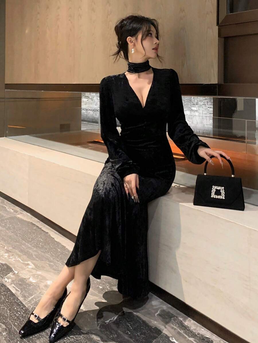 SHEIN DAZY فستان سهرة اسود طويل وخصر مزين وكشكشة