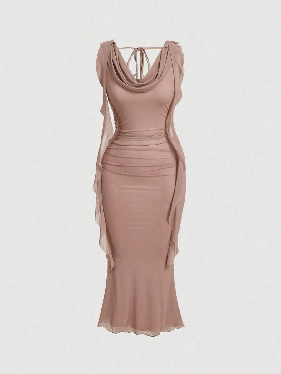 SHEIN MOD فستان ميدي بياقة غائصة وحزام خصر وتفاصيل شبكية