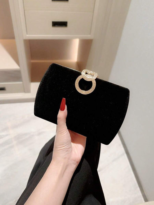 SHEIN حقيبة سهرة سوداء مربعة مخملية مزينة بالرينستون