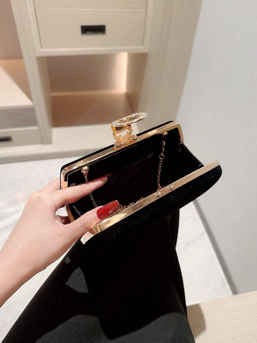 SHEIN حقيبة سهرة سوداء مربعة مخملية مزينة بالرينستون