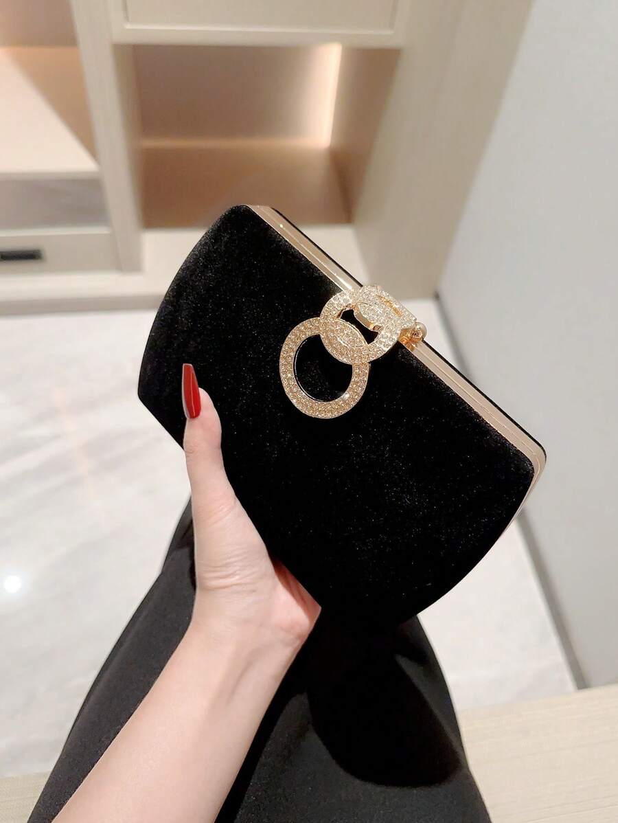 SHEIN حقيبة سهرة سوداء مربعة مخملية مزينة بالرينستون