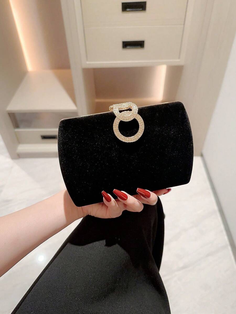 SHEIN حقيبة سهرة سوداء مربعة مخملية مزينة بالرينستون