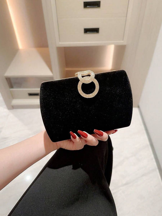 SHEIN حقيبة سهرة سوداء مربعة مخملية مزينة بالرينستون
