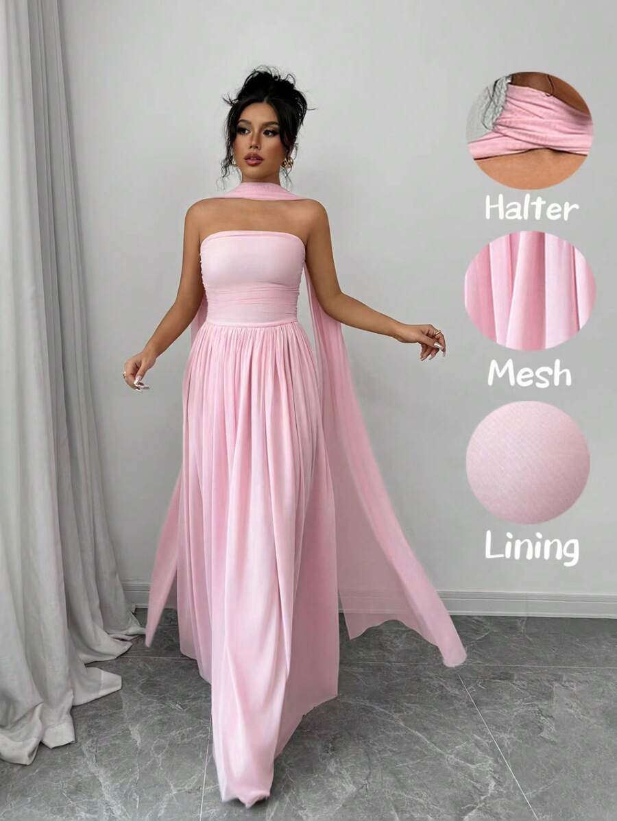 SHEIN Selianne فستان وردي طويل ماكسي بدون أكمام مع تفاصيل طيات