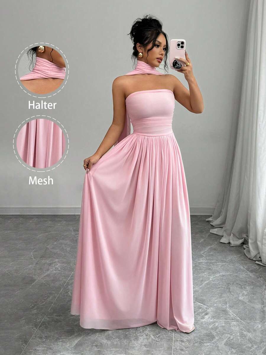 SHEIN Selianne فستان وردي طويل ماكسي بدون أكمام مع تفاصيل طيات