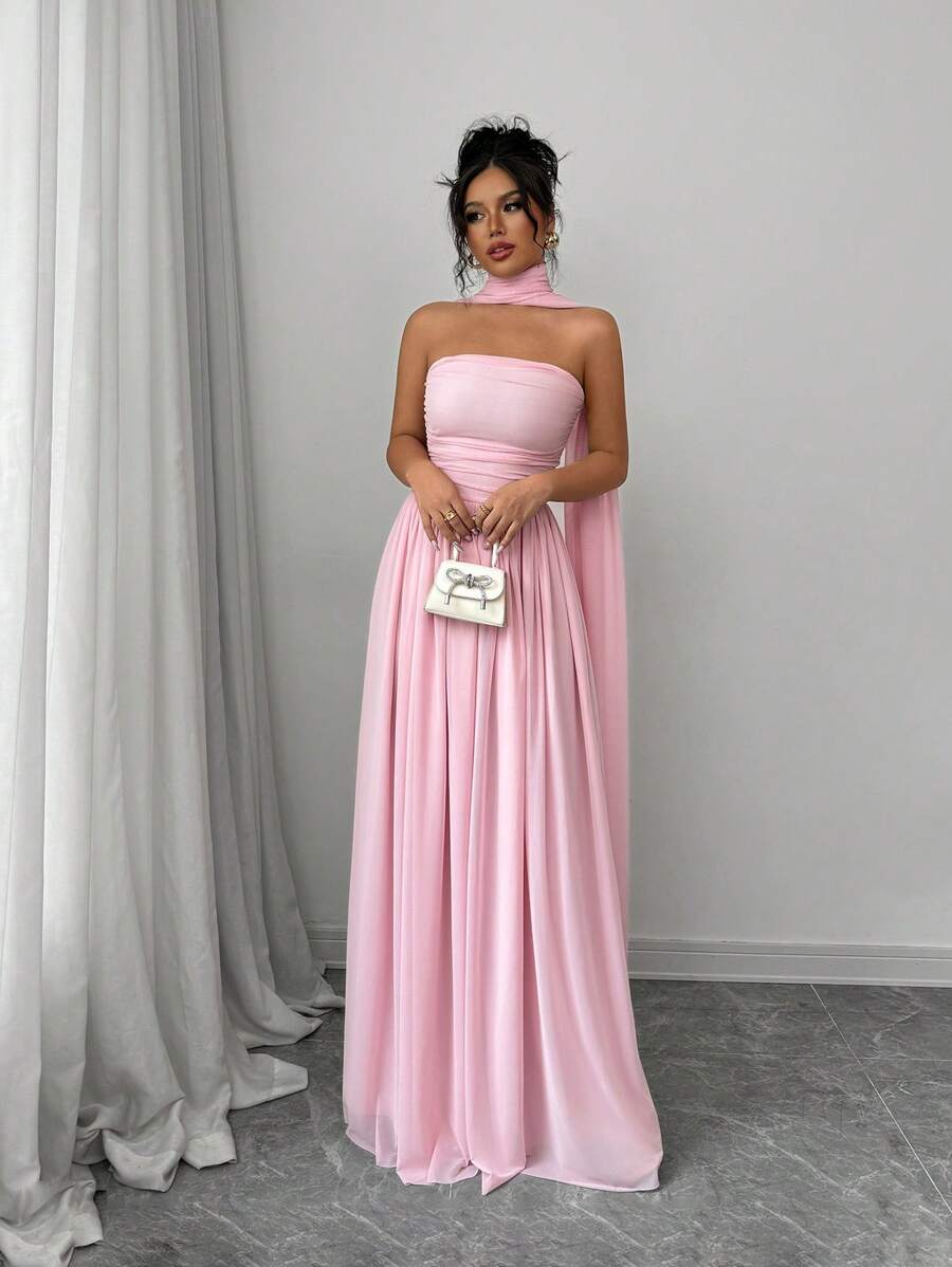 SHEIN Selianne فستان وردي طويل ماكسي بدون أكمام مع تفاصيل طيات