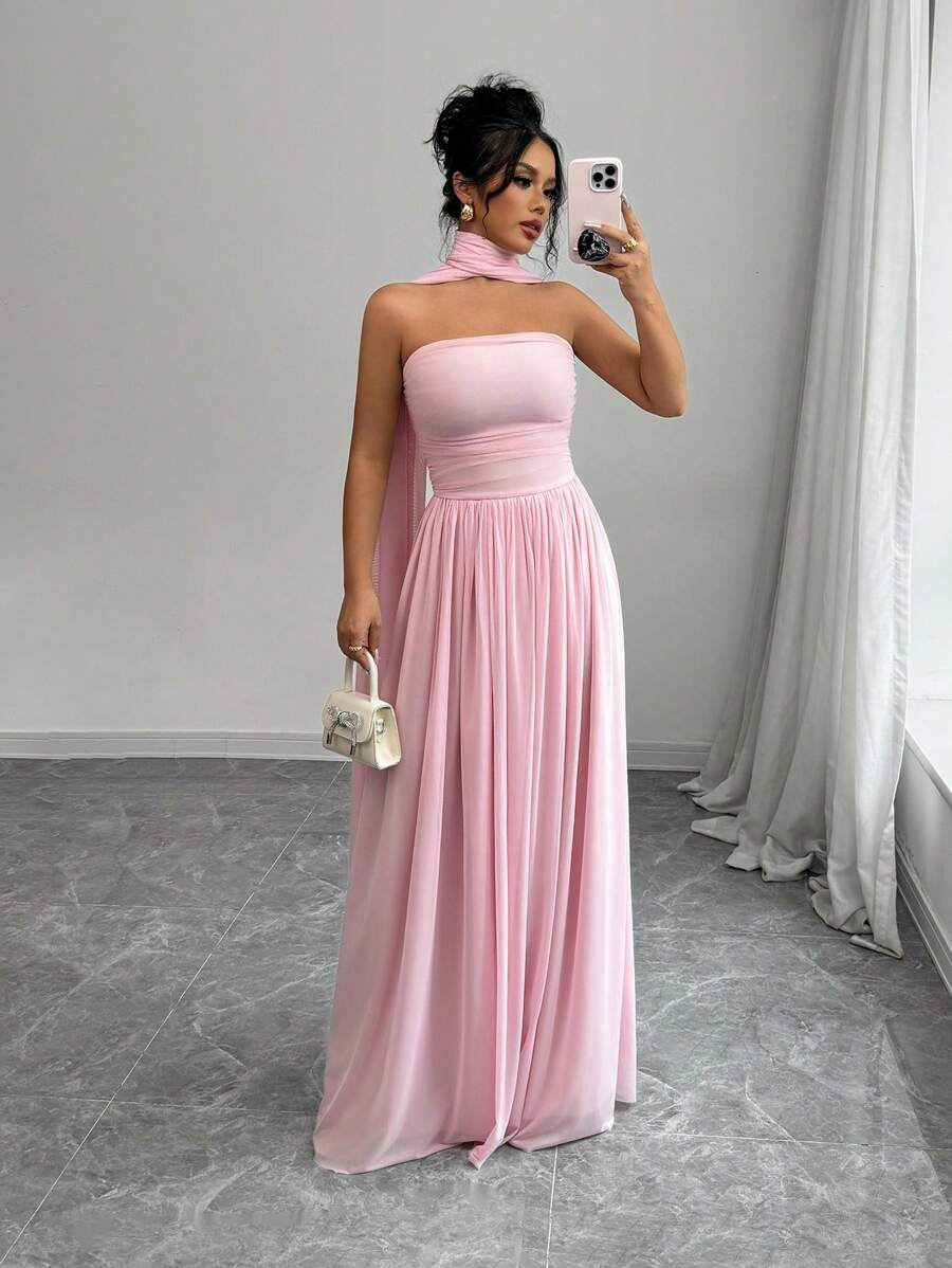 SHEIN Selianne فستان وردي طويل ماكسي بدون أكمام مع تفاصيل طيات