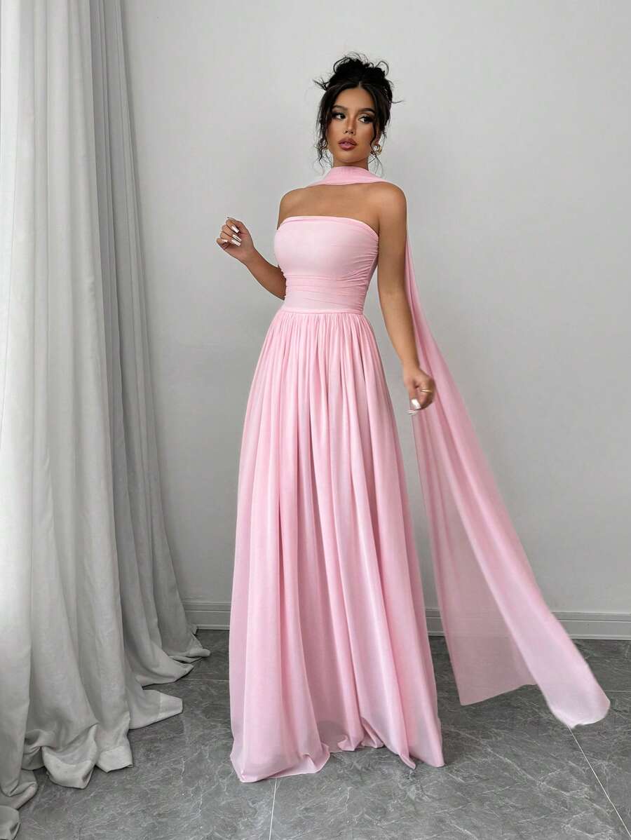 SHEIN Selianne فستان وردي طويل ماكسي بدون أكمام مع تفاصيل طيات