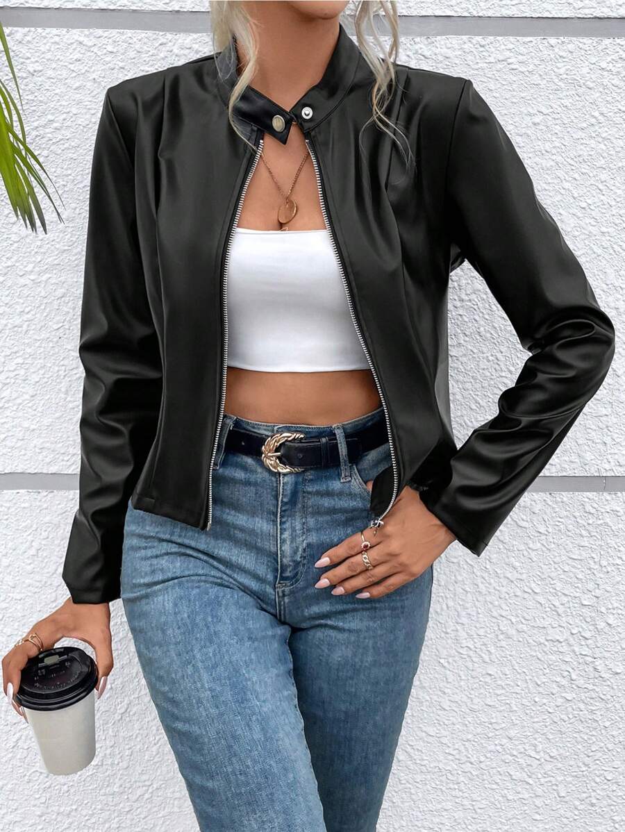 SHEIN جاكيت نسائي أسود بسحاب