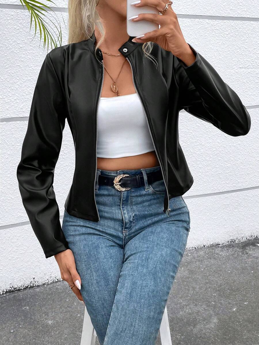 SHEIN جاكيت نسائي أسود بسحاب