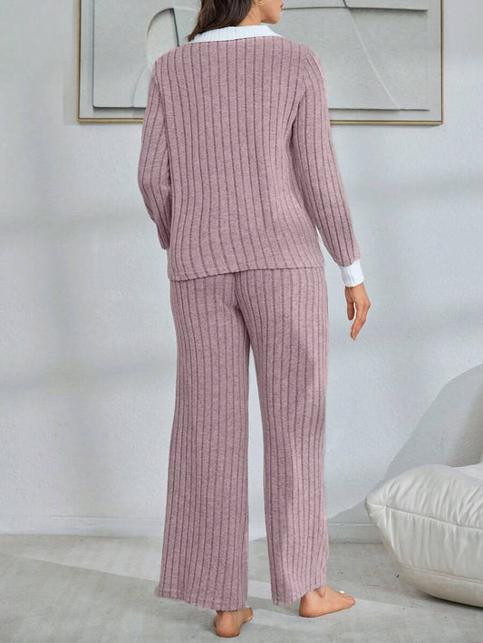 SHEIN طقم بيجامة 2 قطعة بلوزة فليس بياقة ملونة وبنطلون