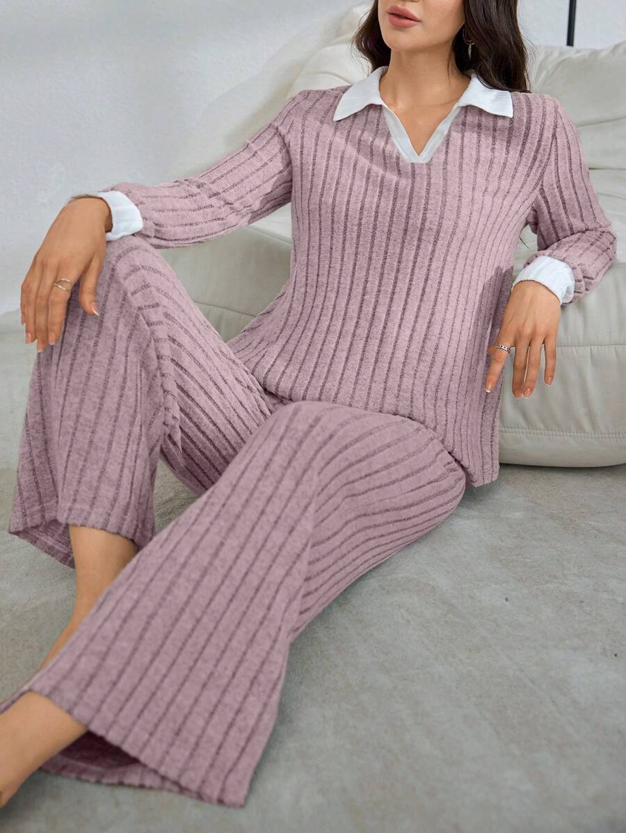 SHEIN طقم بيجامة 2 قطعة بلوزة فليس بياقة ملونة وبنطلون