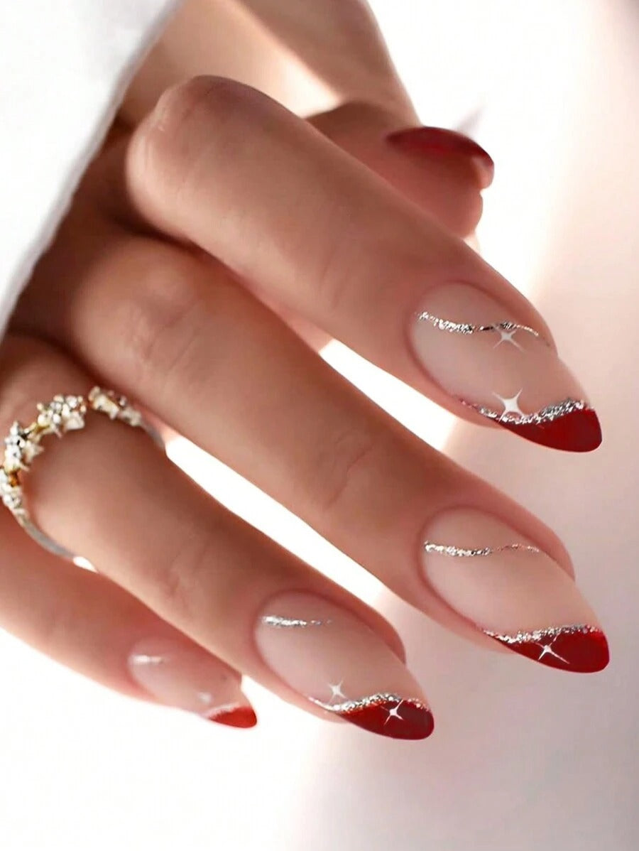 SHEIN أظافر صناعية لوزية 24 قطعة بتصميم فرنسي أحمر ونجوم