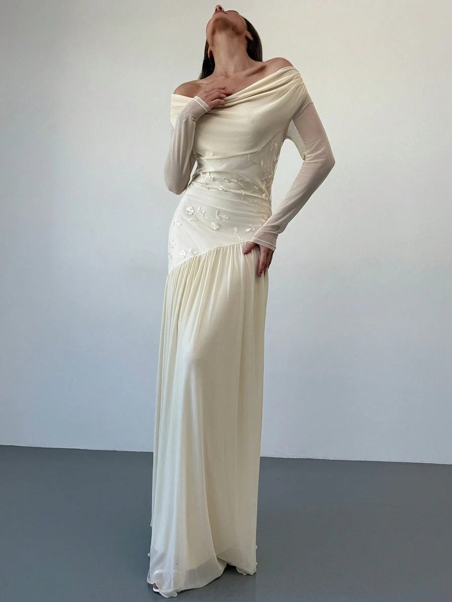 SHEIN Aloruh فستان مطرز مكشوف الكتف باللون المشمشي