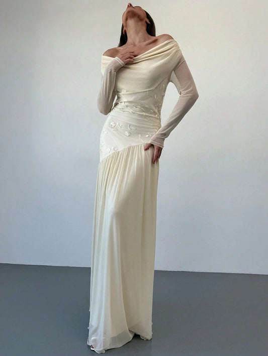 SHEIN Aloruh فستان مطرز مكشوف الكتف باللون المشمشي