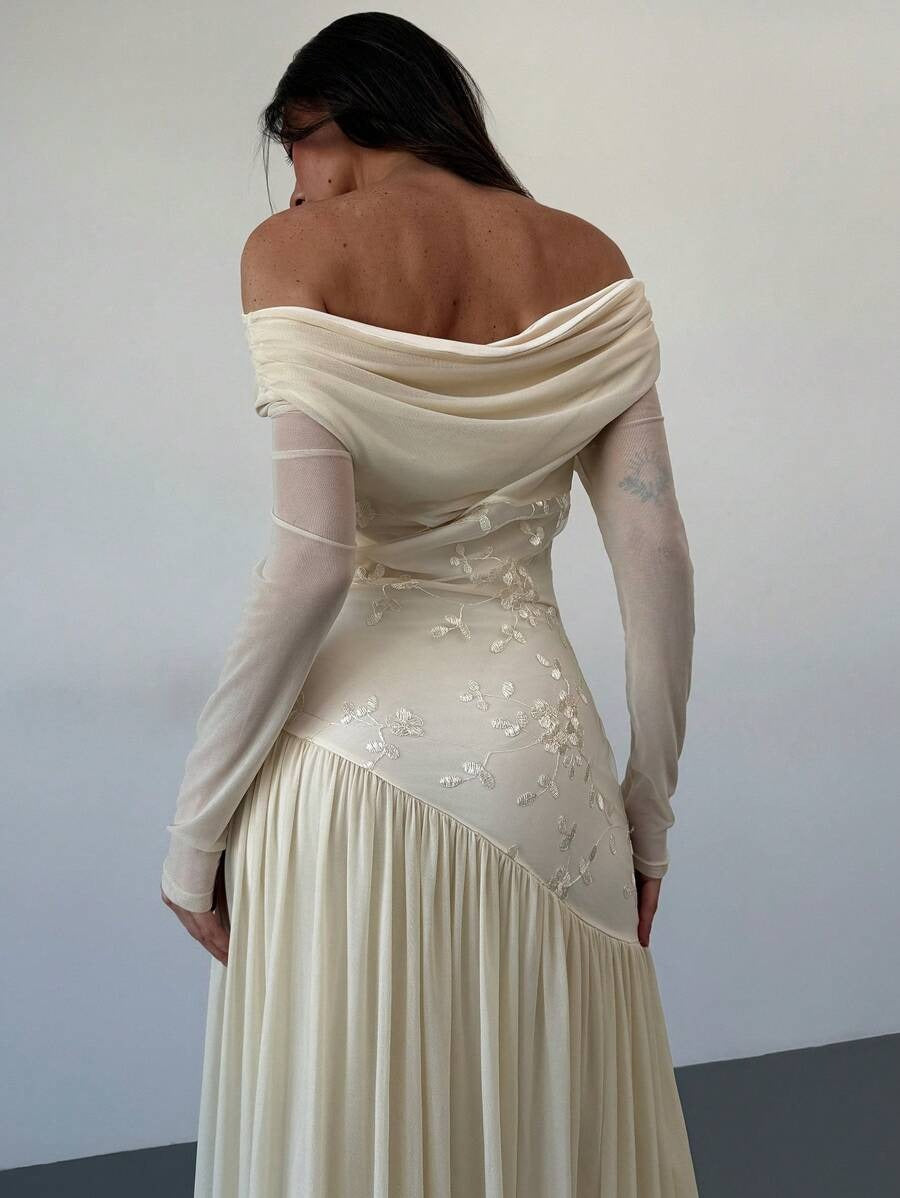 SHEIN Aloruh فستان مطرز مكشوف الكتف باللون المشمشي