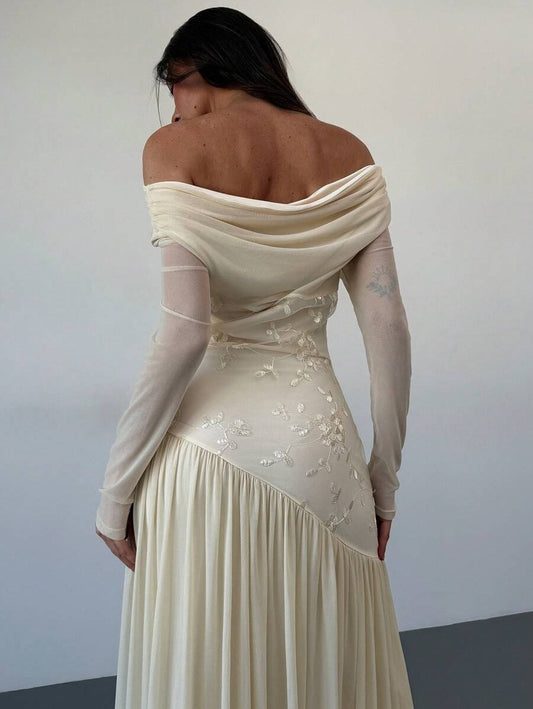 SHEIN Aloruh فستان مطرز مكشوف الكتف باللون المشمشي