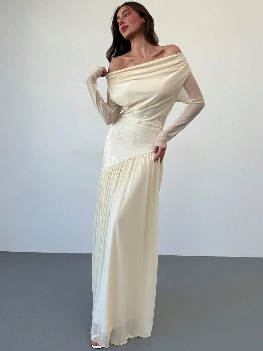 SHEIN Aloruh فستان مطرز مكشوف الكتف باللون المشمشي