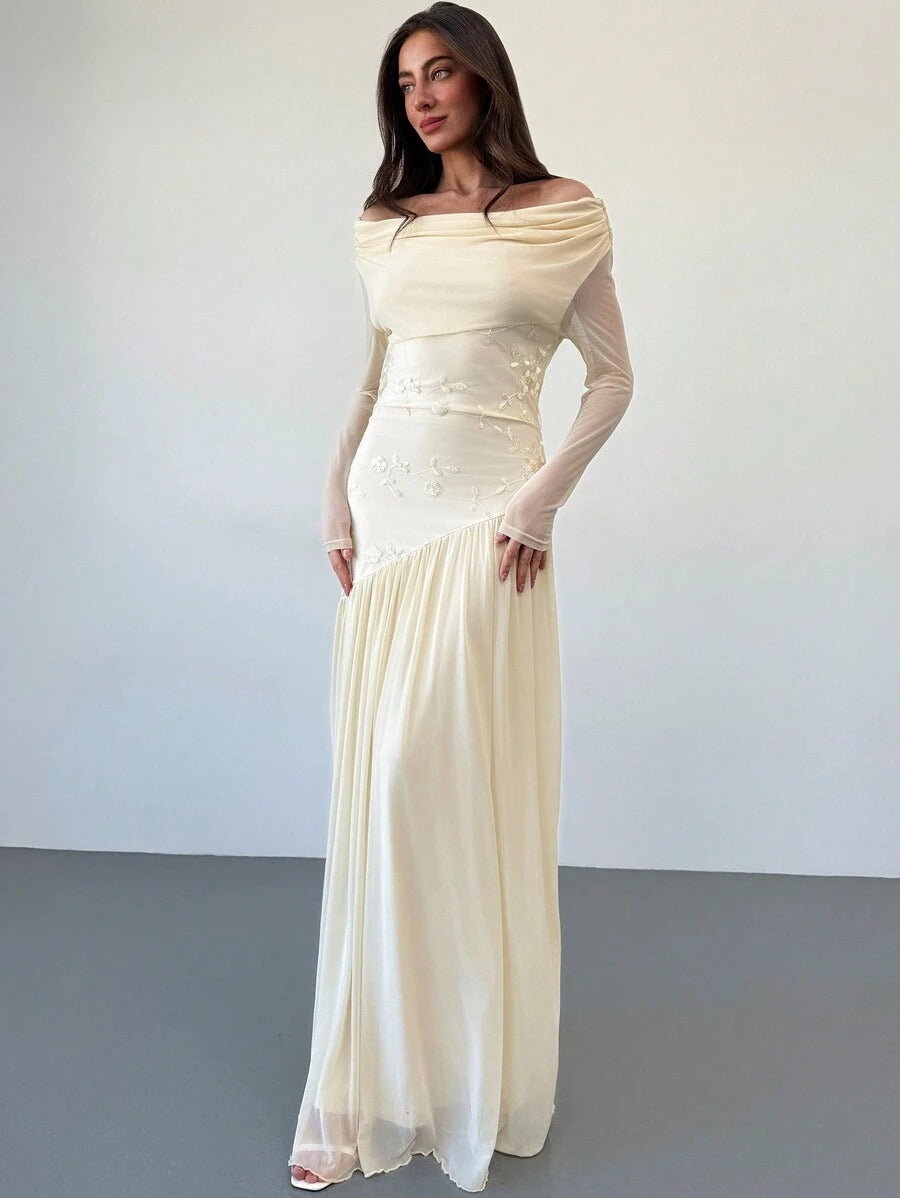 SHEIN Aloruh فستان مطرز مكشوف الكتف باللون المشمشي