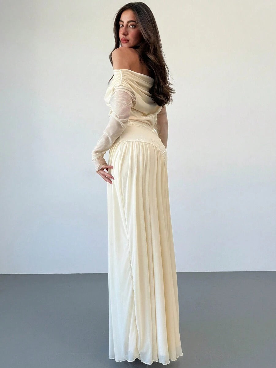 SHEIN Aloruh فستان مطرز مكشوف الكتف باللون المشمشي