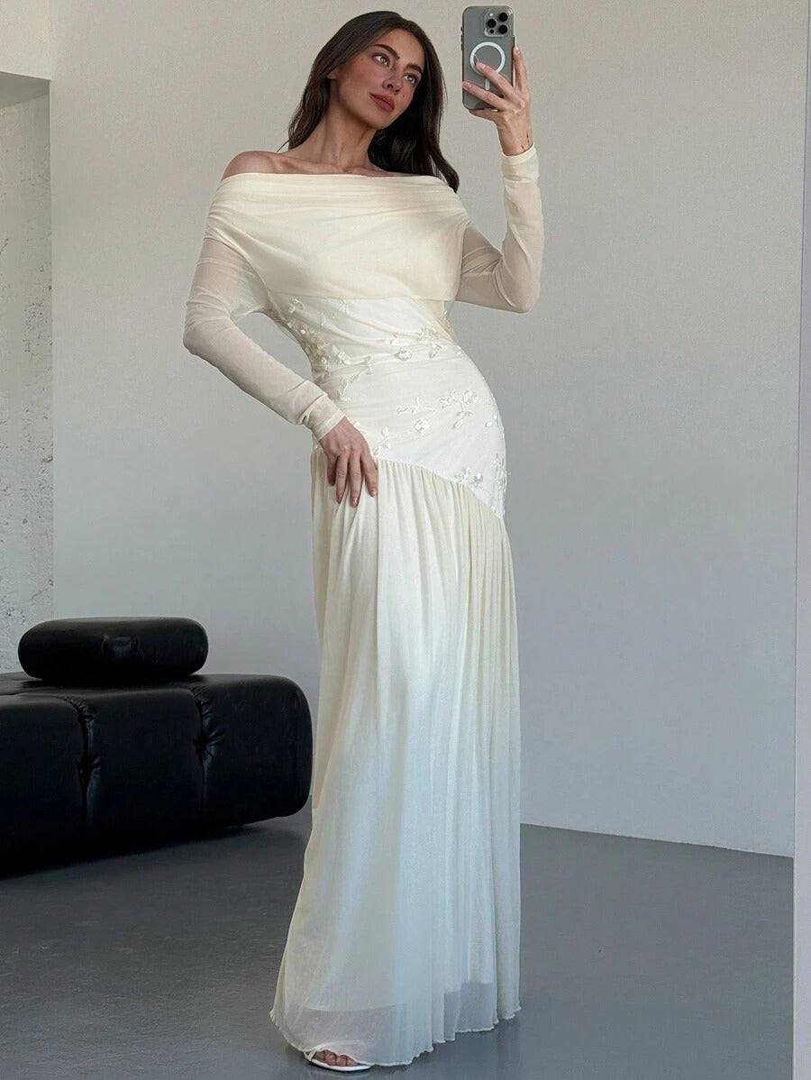 SHEIN Aloruh فستان مطرز مكشوف الكتف باللون المشمشي