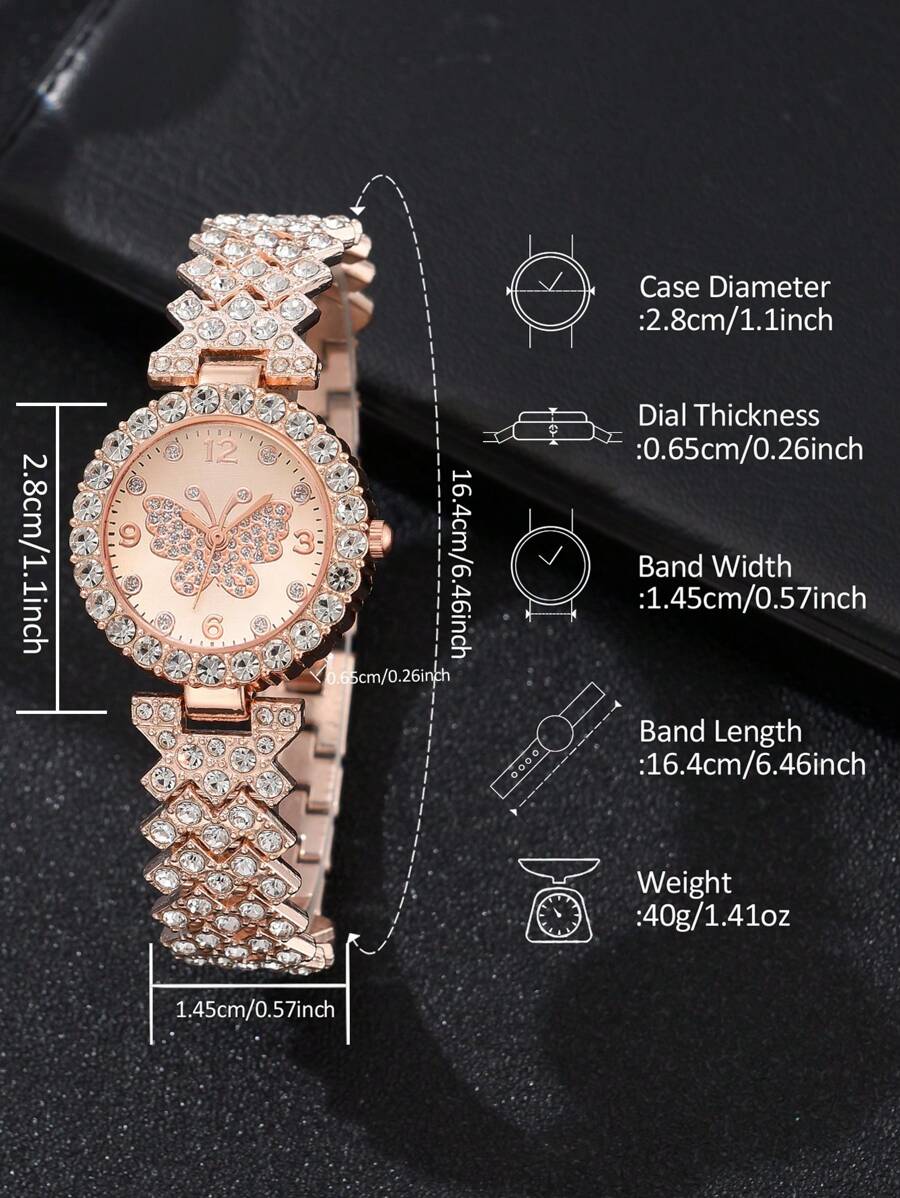 SHEIN طقم ساعة روز جولد مزين بالراينستون مع سوار معدني