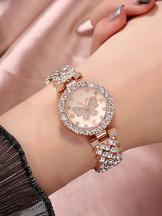 SHEIN طقم ساعة روز جولد مزين بالراينستون مع سوار معدني
