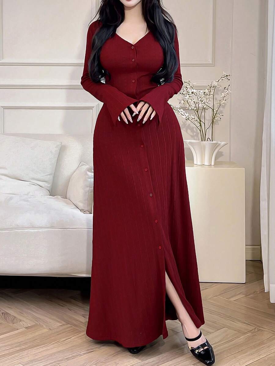 SHEIN Feyla فستان طويل ضيق باللون الأحمر