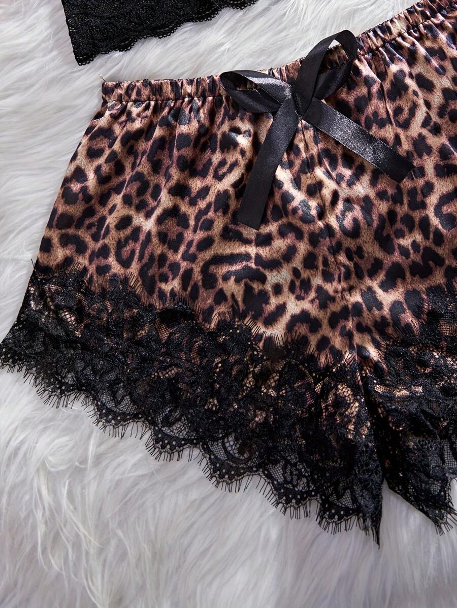SHEIN طقم لانجري بطبعة نمر وتطريز دانتيل سوتيان وشورت