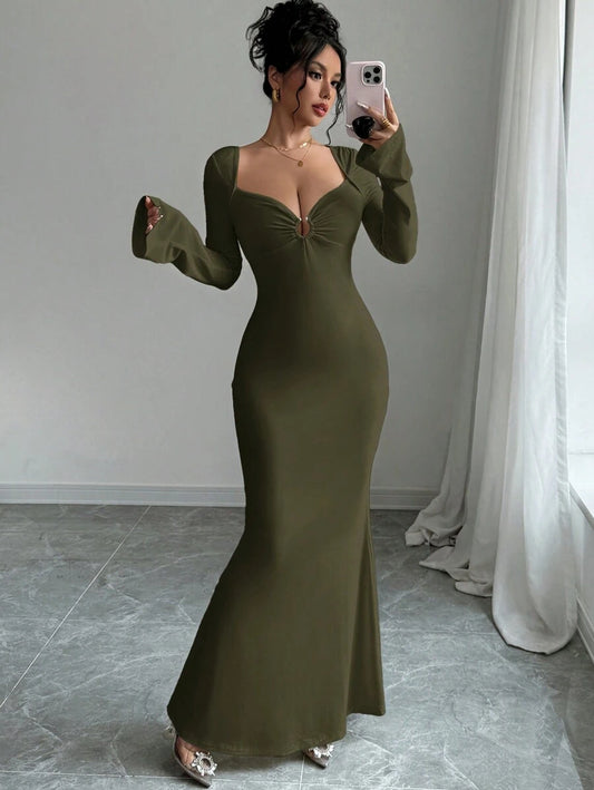 SHEIN Firerie فستان كاجوال ضيق بأكمام طويلة وياقة قلب