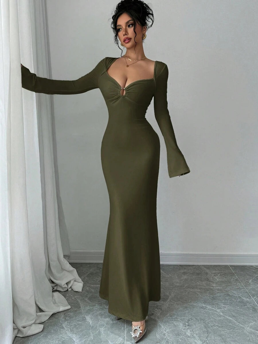 SHEIN Firerie فستان كاجوال ضيق بأكمام طويلة وياقة قلب