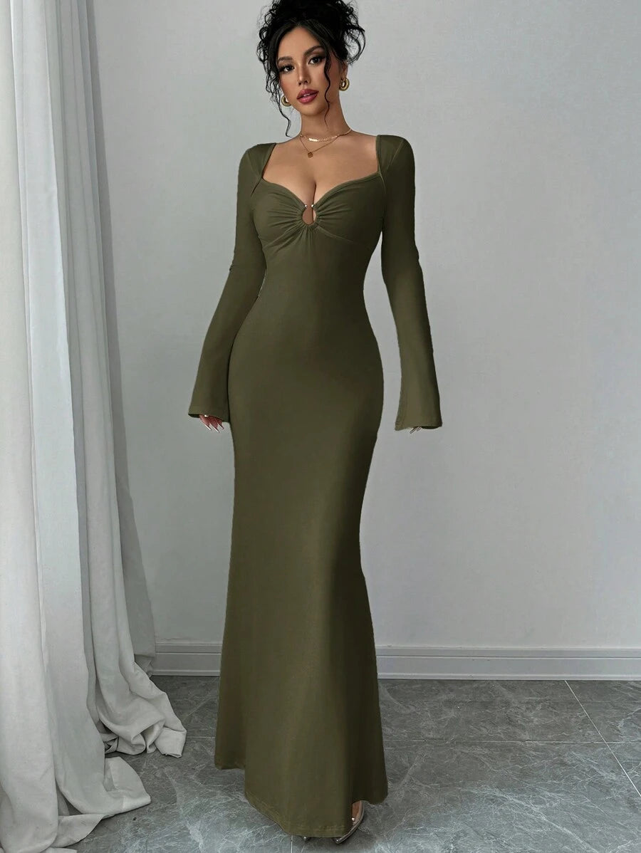 SHEIN Firerie فستان كاجوال ضيق بأكمام طويلة وياقة قلب