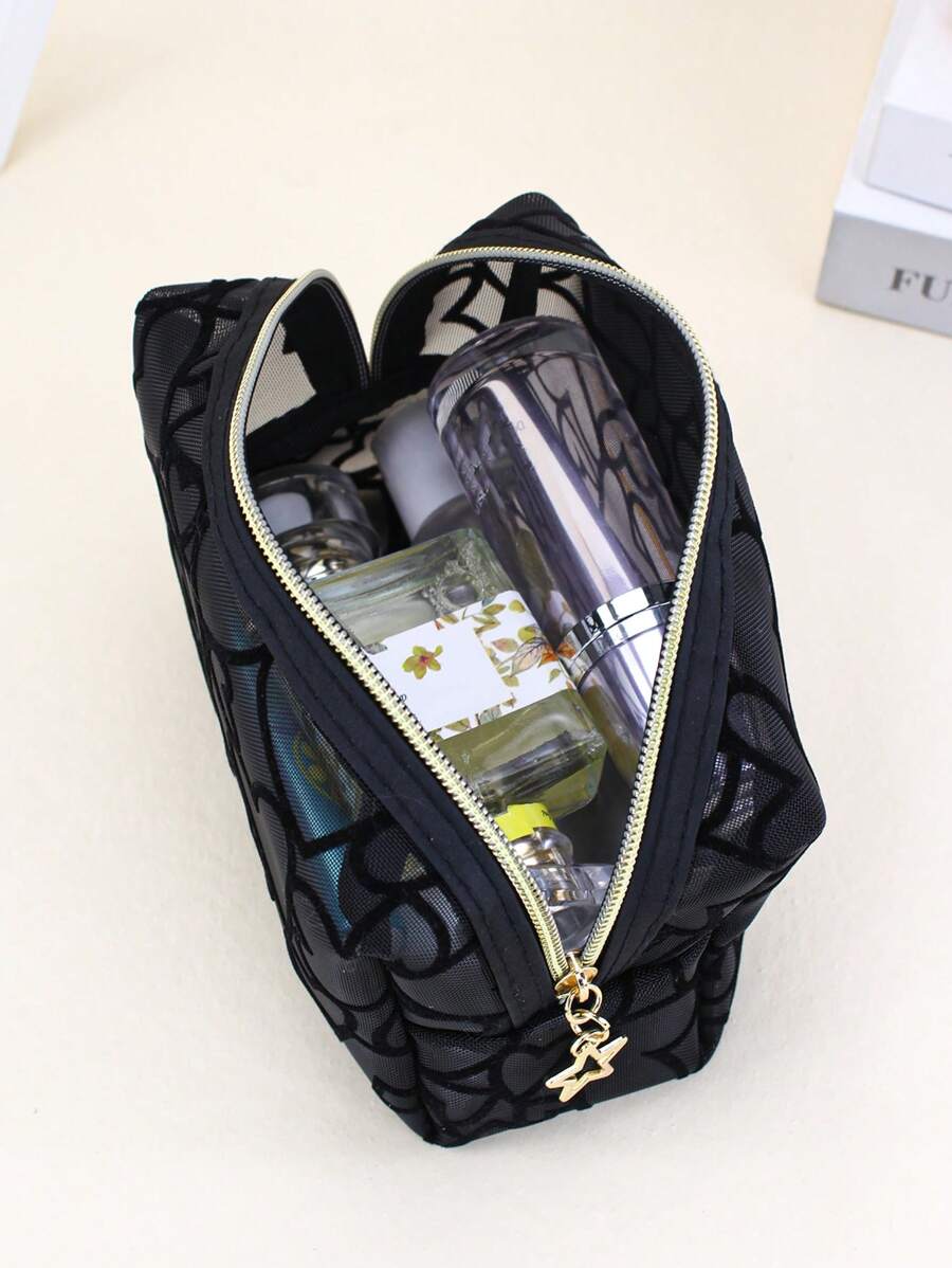 SHEIN حقيبة مكياج سوداء شبكية مزينة بالقلب