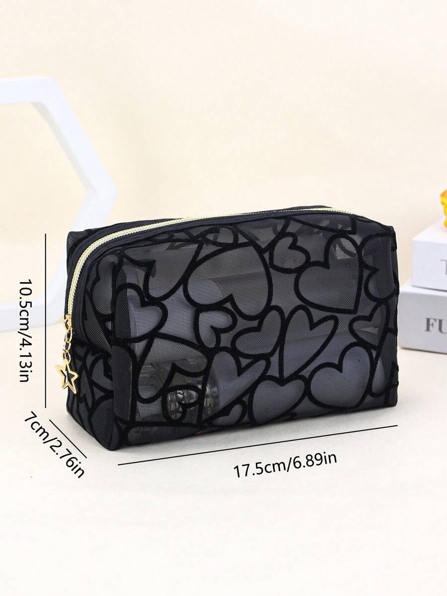 SHEIN حقيبة مكياج سوداء شبكية مزينة بالقلب