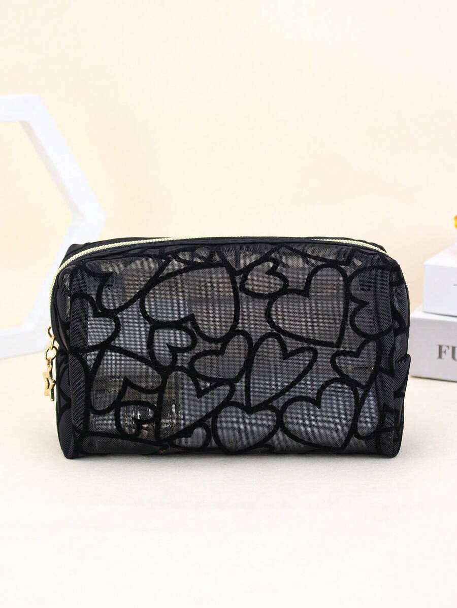 SHEIN حقيبة مكياج سوداء شبكية مزينة بالقلب