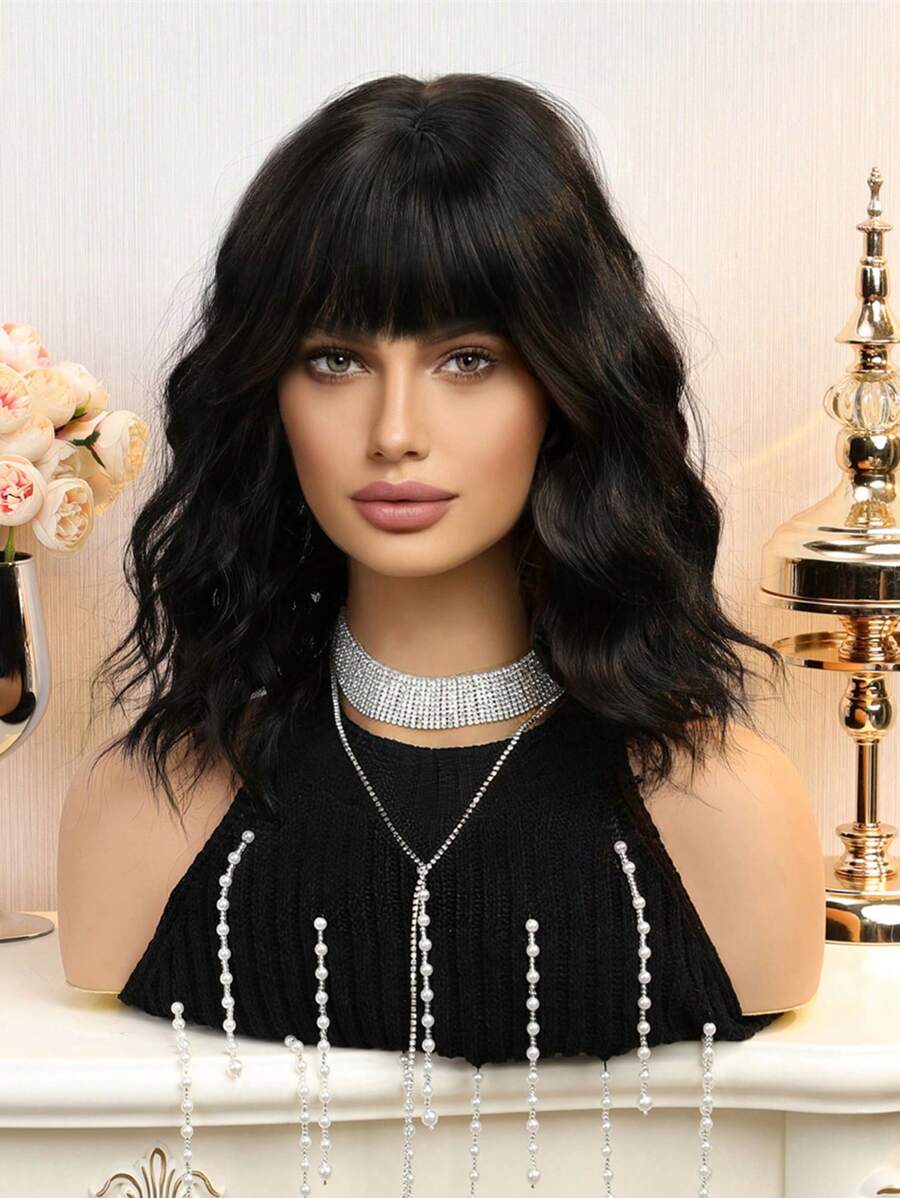 SHEIN شعر مستعار أسود قصير مجعد بطول 14 بوصة