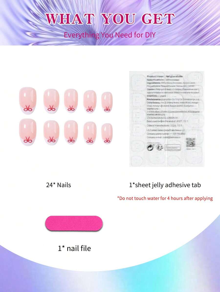 SHEIN مجموعة 24 قطعة ملصقات أظافر بشكل فراشة بيضاوي مع جل جيلي ومبرد