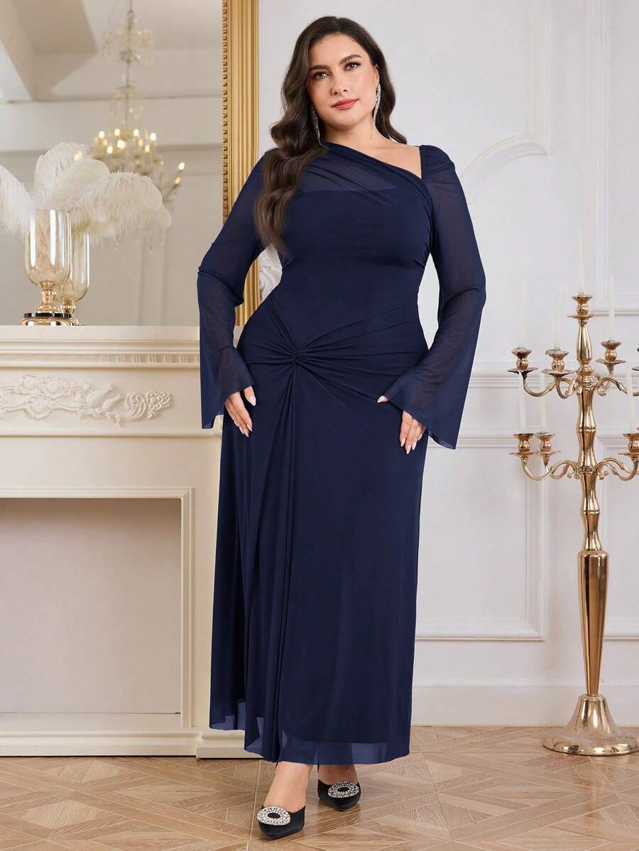 SHEIN Modelyn فستان أزرق طويل كاجوال بأكمام طويلة من الشبك المتباين