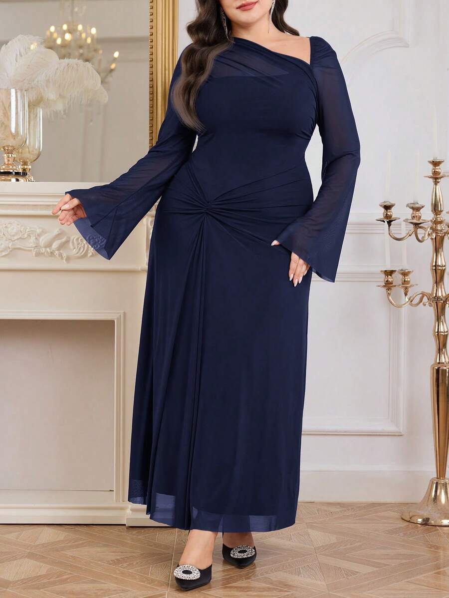 SHEIN Modelyn فستان أزرق طويل كاجوال بأكمام طويلة من الشبك المتباين