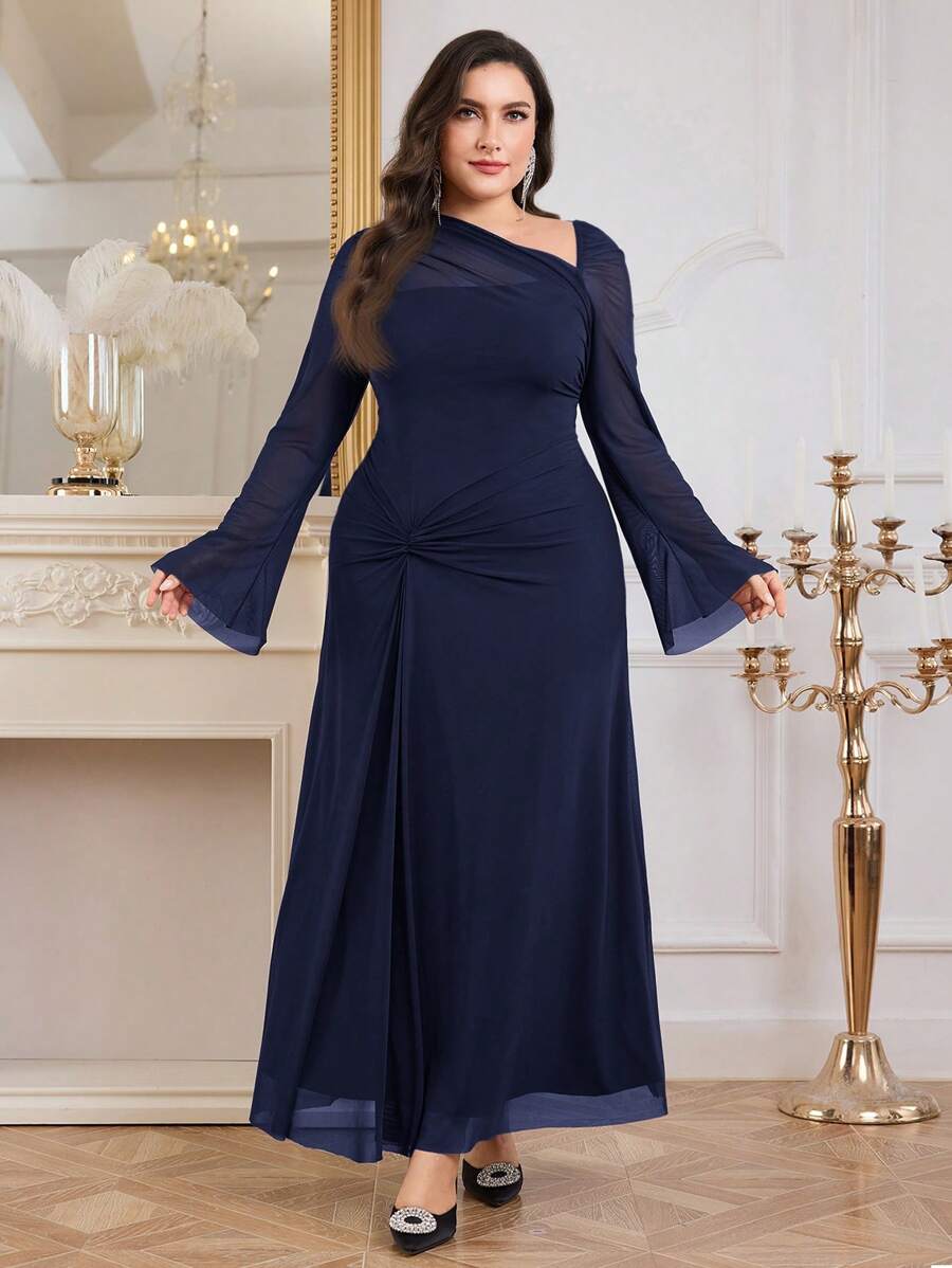 SHEIN Modelyn فستان أزرق طويل كاجوال بأكمام طويلة من الشبك المتباين