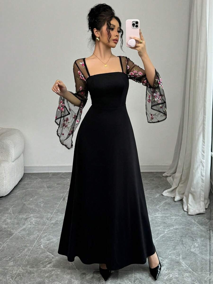 SHEIN Elenzga فستان شبكي مطرز بأكمام واسعة