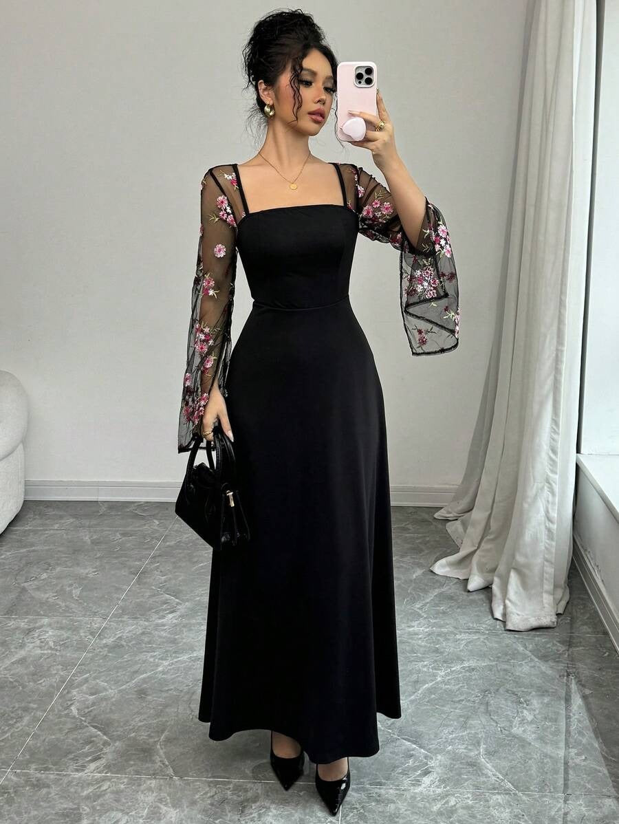SHEIN Elenzga فستان شبكي مطرز بأكمام واسعة