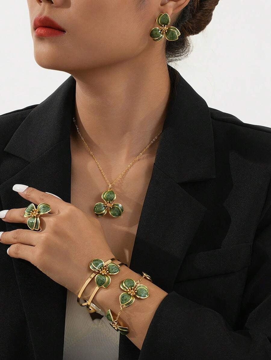 SHEIN مجموعة مجوهرات أنثوية بتصميم مستوحى من جزيء الدوبامين والزهور