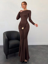 SHEIN Aloruh فستان بني داكن بطابع بسيط وجذاب
