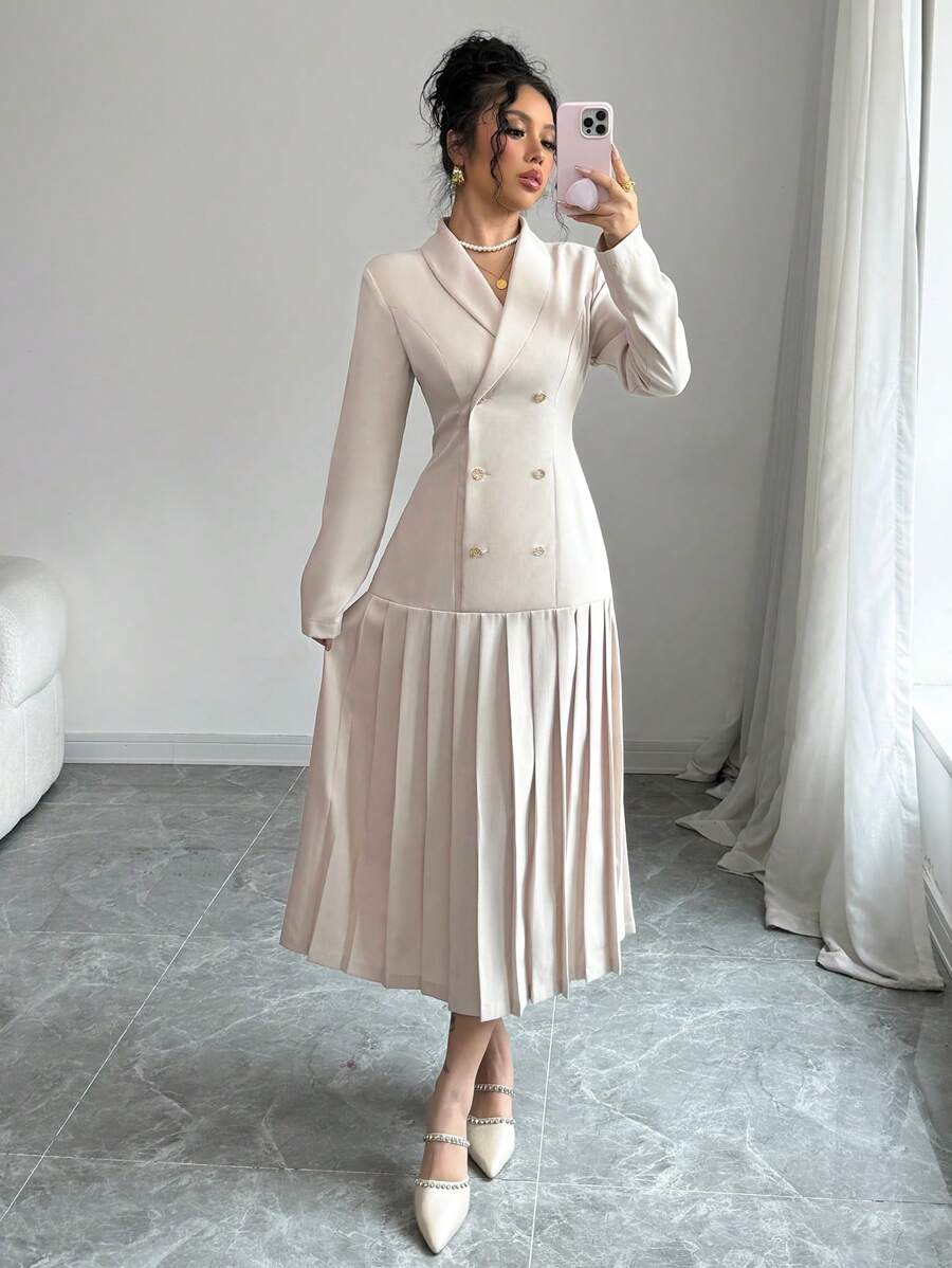 SHEIN Elenzga فستان طويل أنيق بياقة منفرجة وأزرار مزدوجة