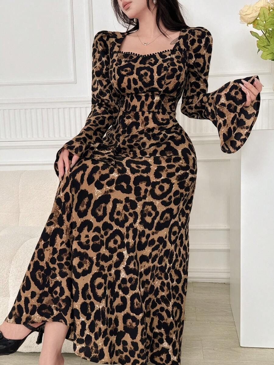 SHEIN Feyla  فستان طويل أنيق بطبعة فهد وأكمام واسعة