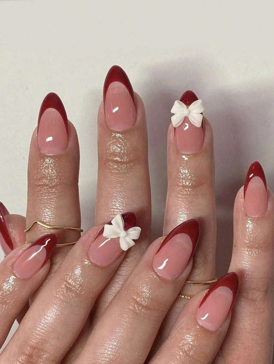 SHEIN أظافر 24 قطعة بشكل لوز مزين بفيونكة بيضاء ثلاثية الأبعاد